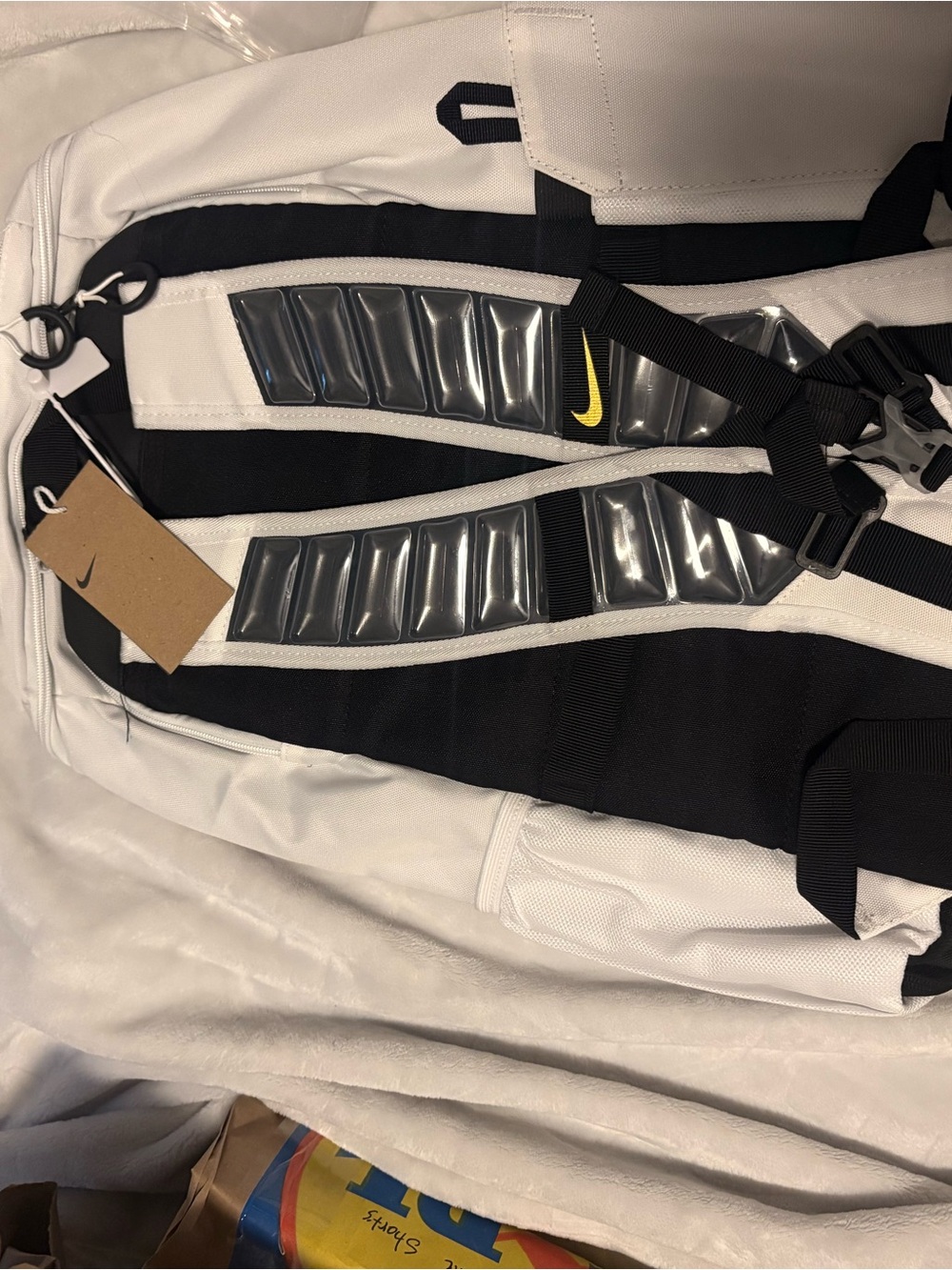 Nike Men’s White and Black Backpack with Yellow Swoosh